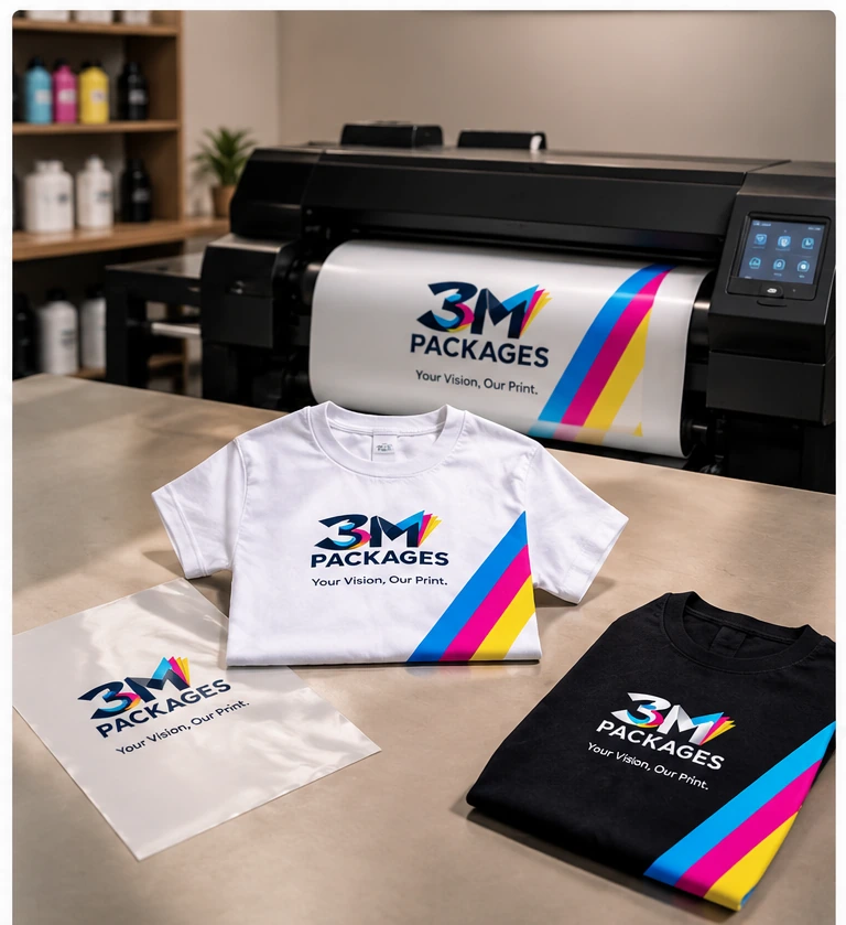 DTF direct-to-film transfers and printed T-shirts by 3M Packages in Karachi