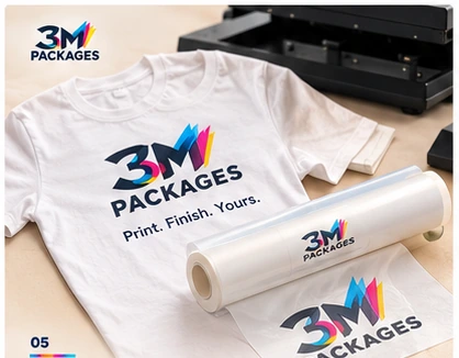 3M Packages white T-shirt with a printed logo beside a DTF transfer film roll