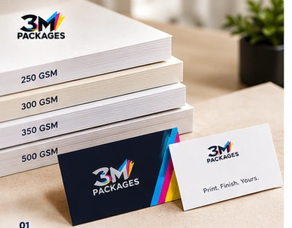 3M Packages business cards beside stacked card stocks labelled 250, 300, 350 and 500 gsm