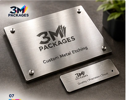 3M Packages logo etched into a brushed metal plate and name tag