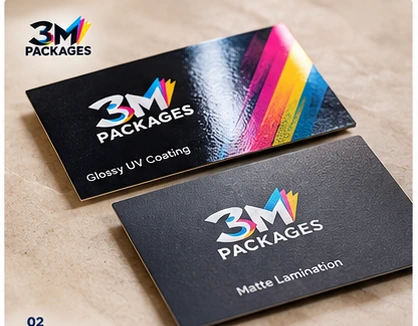 3M Packages business cards showing glossy UV coating and matte lamination finishes