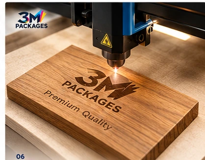 Laser engraving the 3M Packages logo into a wooden board
