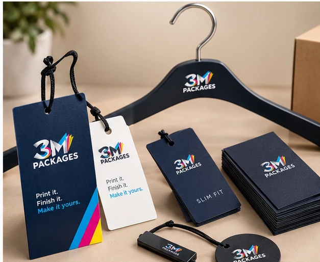 Custom hang tags and slim fit tags printed by 3M Packages in Karachi