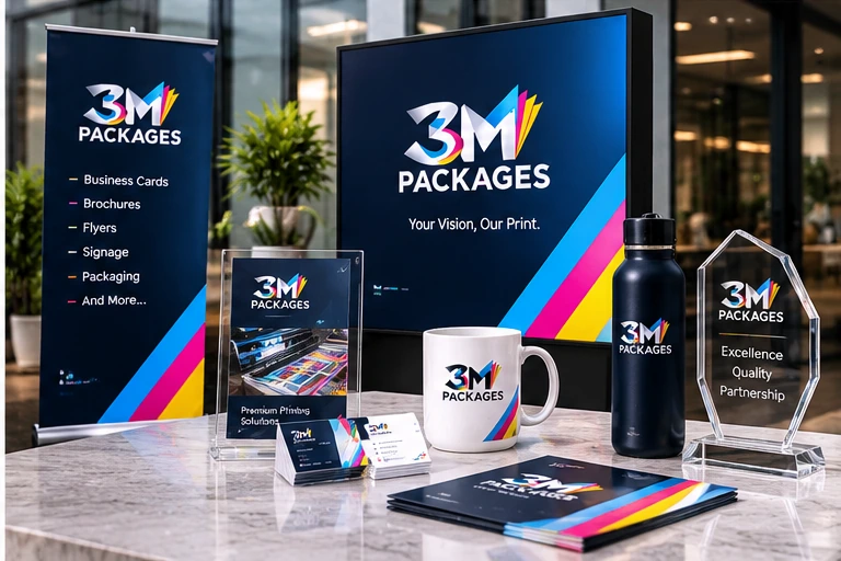 3M Packages branded display: roll-up banner, mug, trophy, bottle and printed brochures