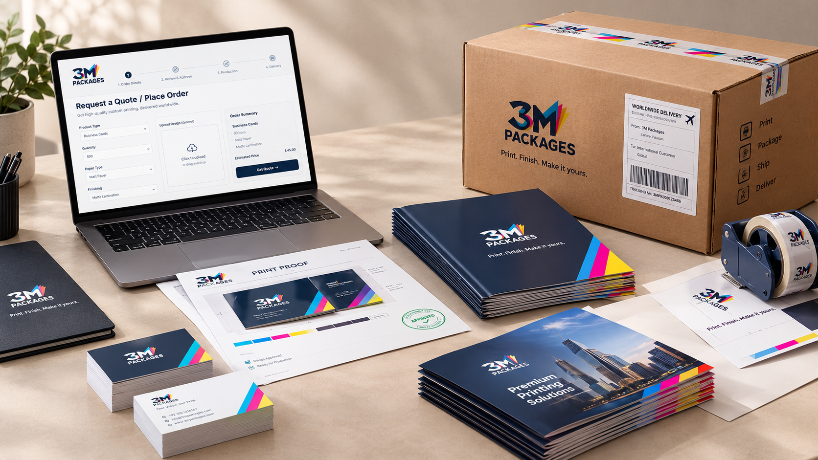 Requesting a quote online with 3M Packages: proofs, brochures and a packed parcel