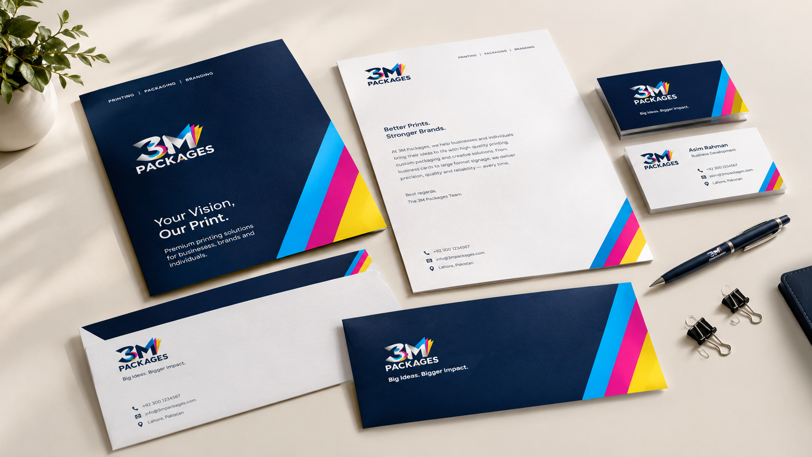 3M Packages branded stationery proof: letterhead, envelopes and business cards